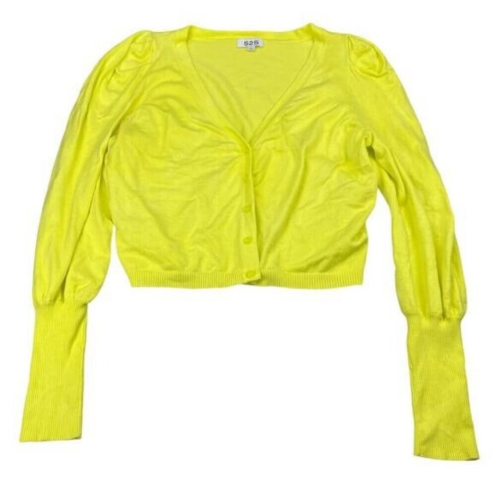 525 America V-Neckline Puffed-Sleeve Ribbed Cropped Cardigan Size Large - Picture 2 of 4